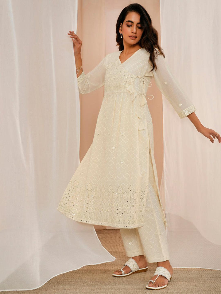 Off White Embroidered Cotton A-Line Kurta With Trousers & Dupatta - Libas