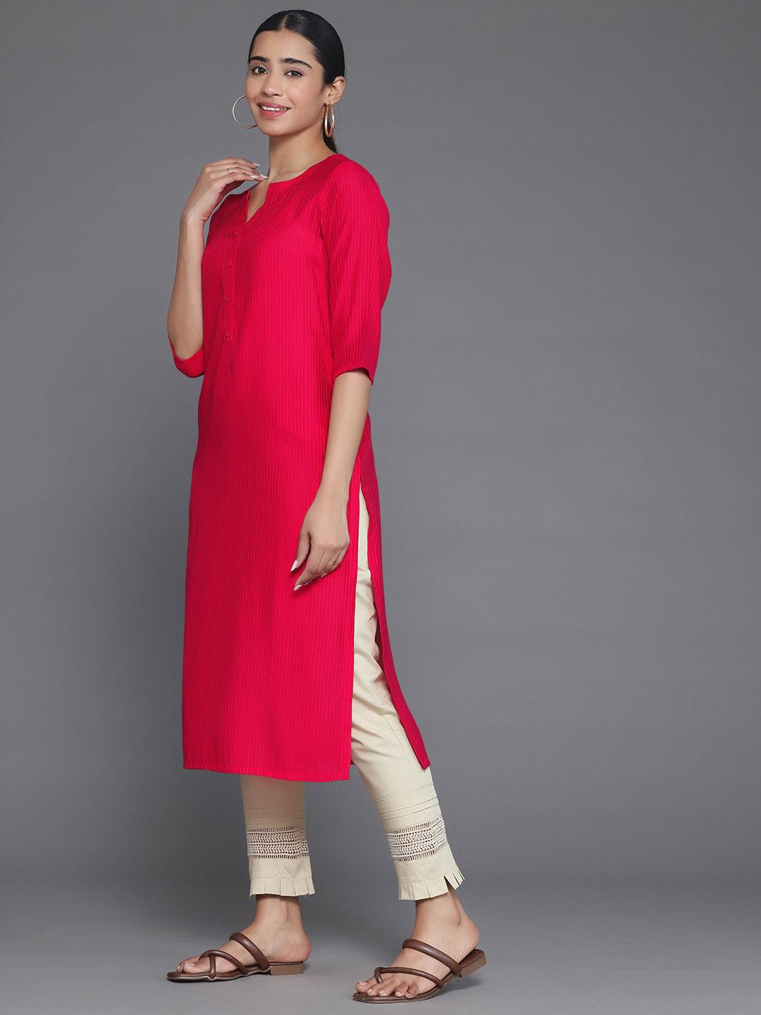 Red Woven Design Silk Straight Kurta - Libas 