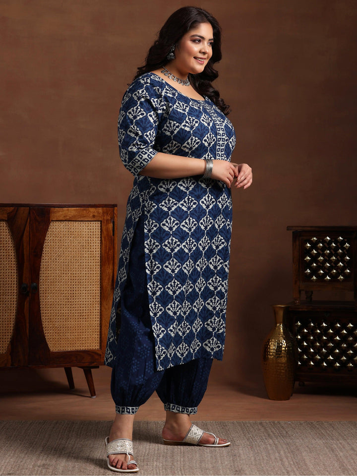 Plus Size Blue Printed Cotton Straight Suit With Dupatta - Libas