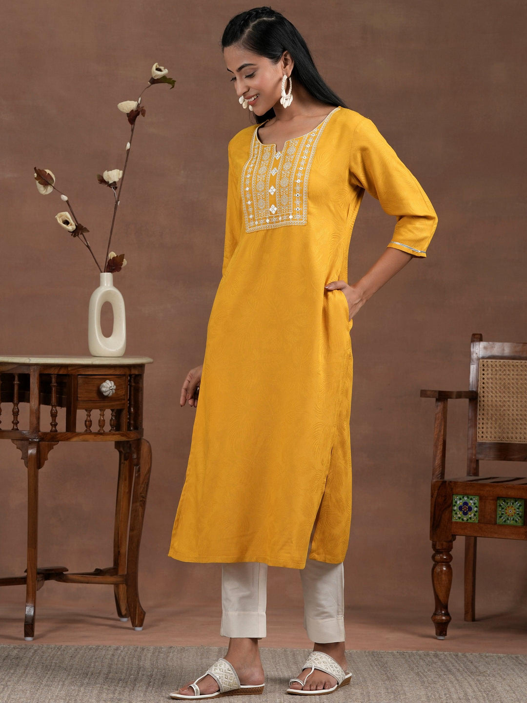 Yellow Yoke Design Rayon Straight Kurta - Libas 