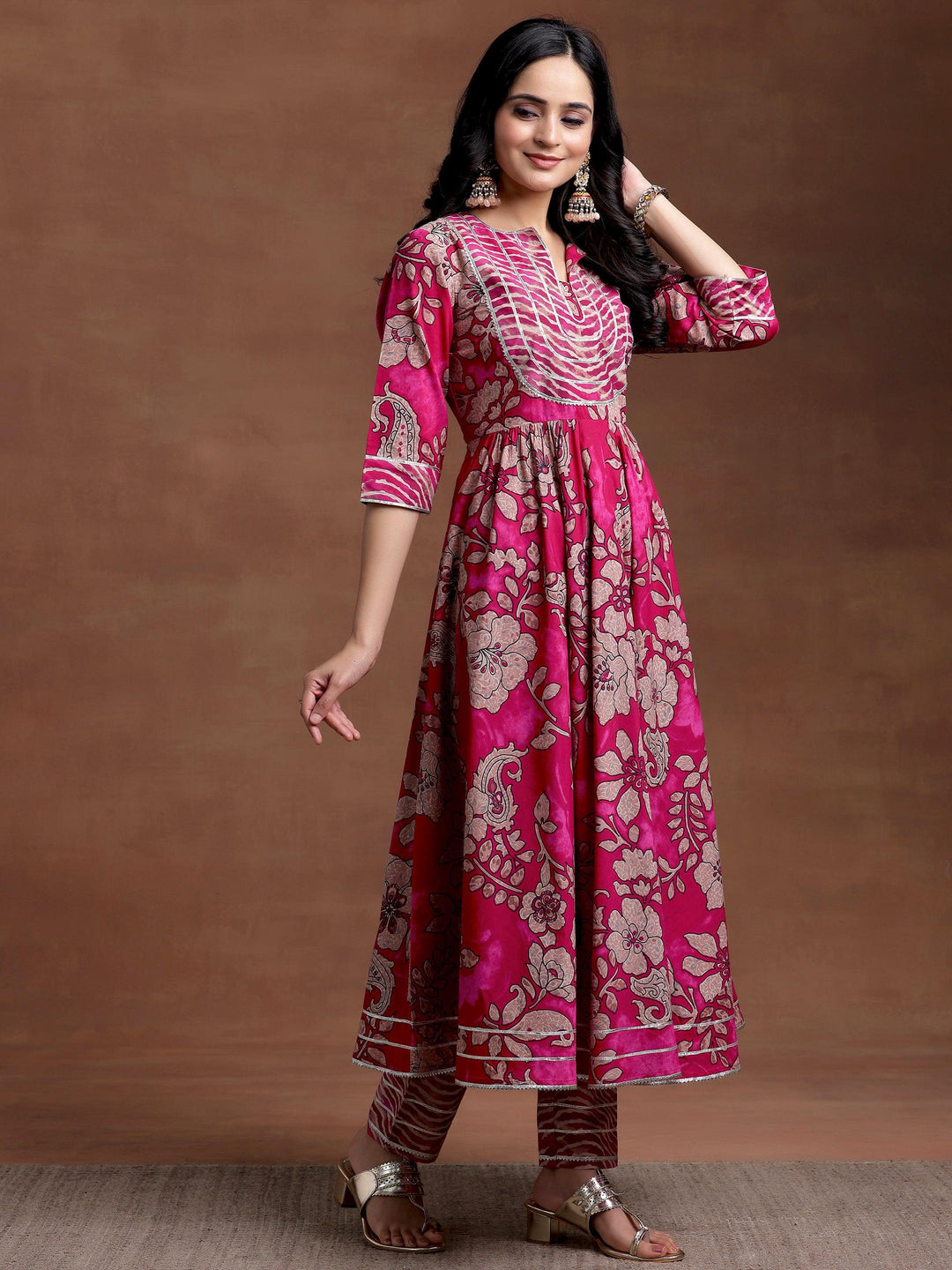 Magenta Printed Cotton Anarkali Suit With Dupatta - Libas 