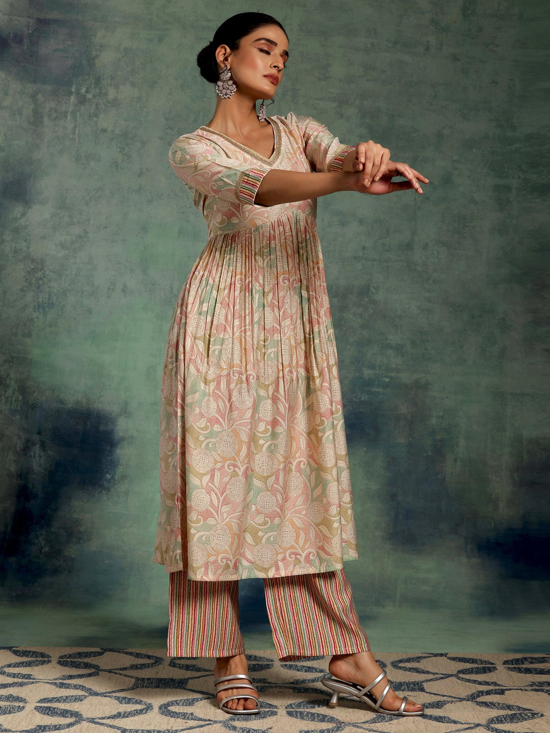 Beige Printed Silk Blend Anarkali Kurta Set - Libas 