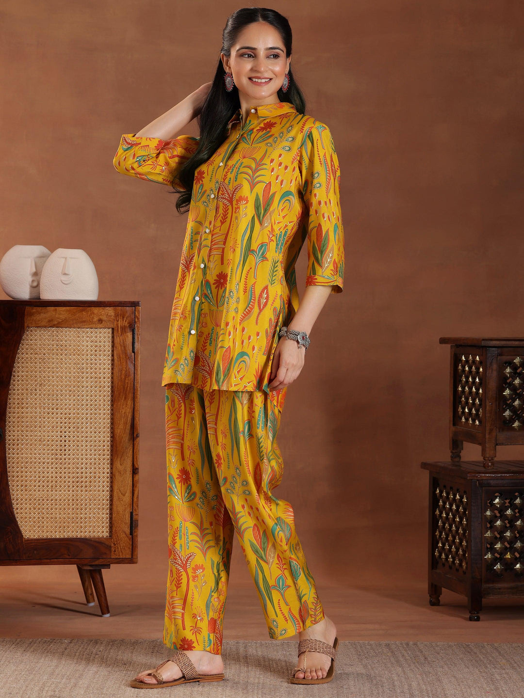 Yellow Printed Silk Blend Co-Ords - Libas