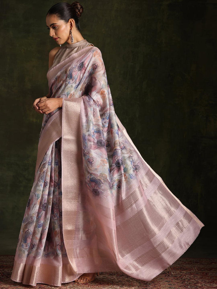 Multicoloured Printed Silk Blend Saree With Unstitched Blouse Piece - Libas