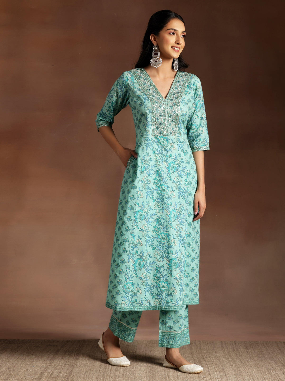 Turquoise Printed Cotton A-Line Kurta With Palazzos & Dupatta - Libas 