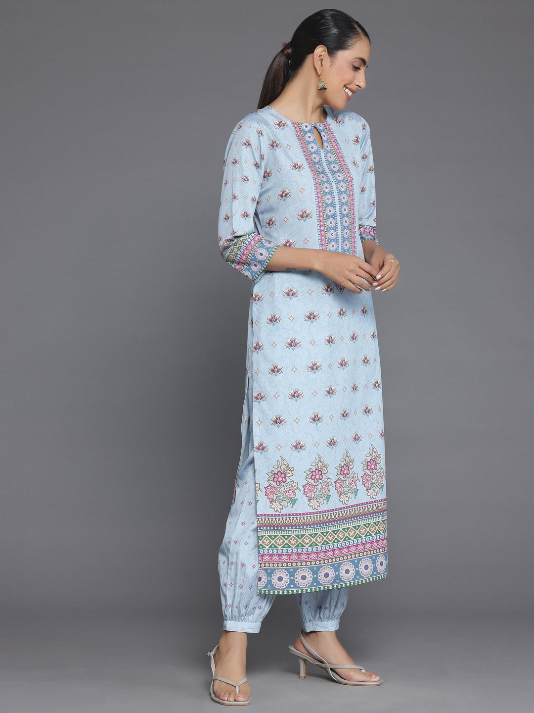 Blue Printed Poly Crepe Straight Suit With Dupatta - Libas 