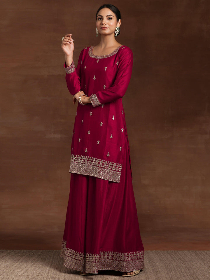 Pink Embroidered Silk Blend Straight Suit With Dupatta - Libas