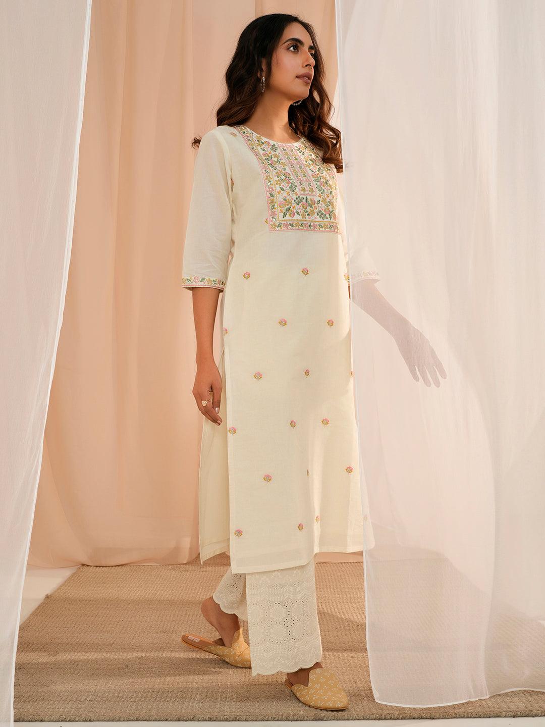 Off White Embroidered Cotton Straight Kurta - Libas 