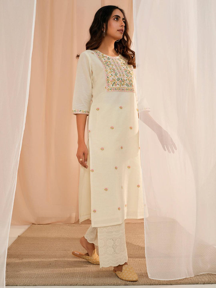 Off White Embroidered Cotton Straight Kurta - Libas