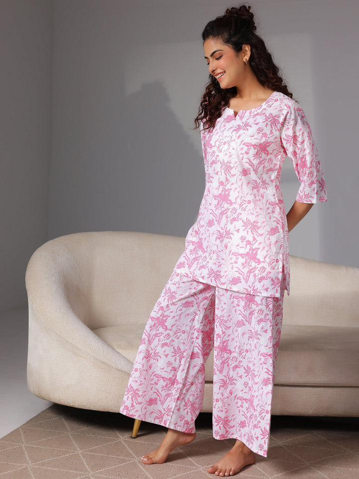 Pink Printed Cotton Night Suits - Libas