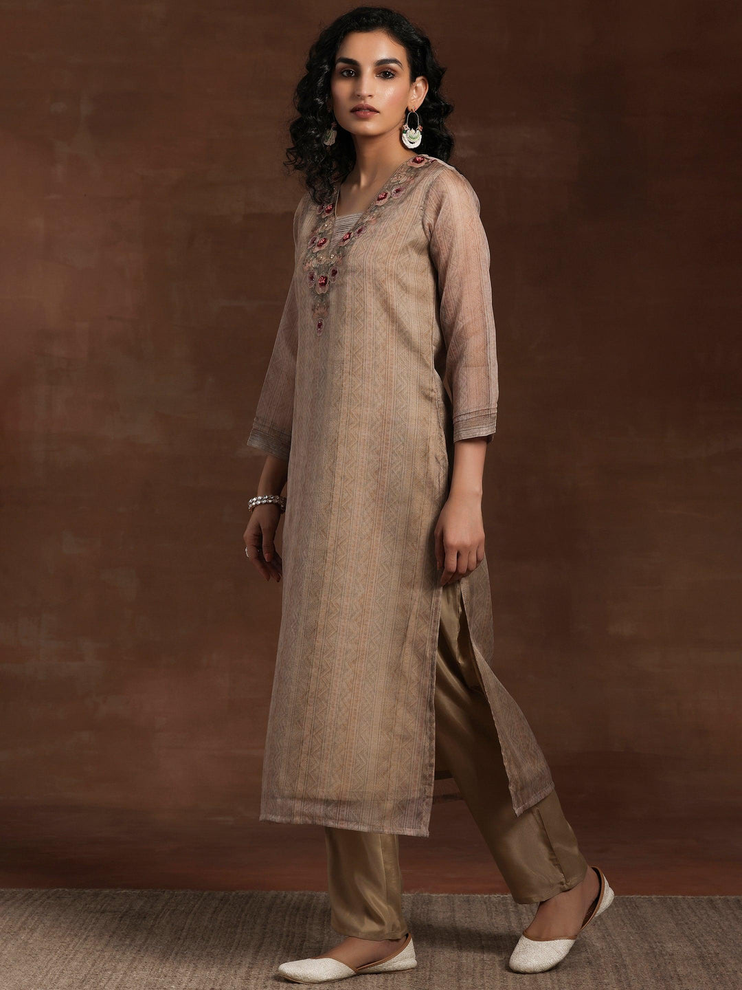 Tan Printed Organza Straight Suit With Dupatta - Libas