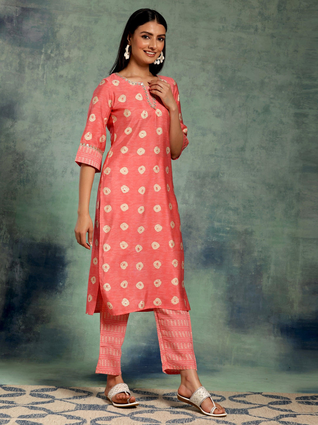 Peach Printed Silk Blend Straight Kurta Set - Libas 