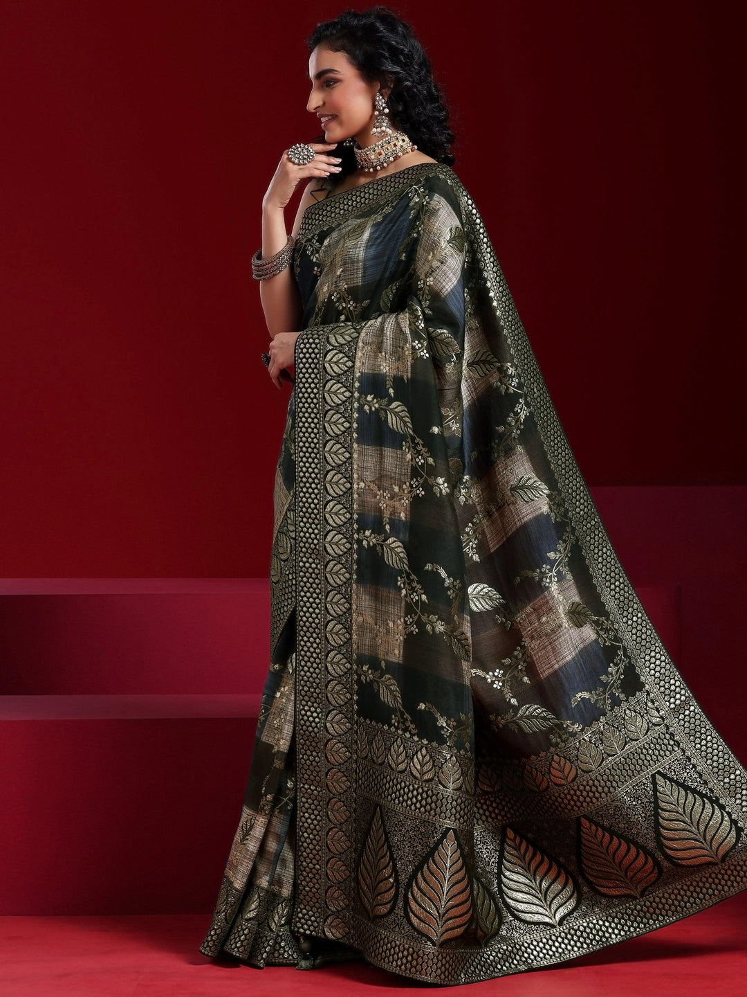 Libas Art Black Colorblocked Satin Saree With Unstitched Blouse Piece - Libas