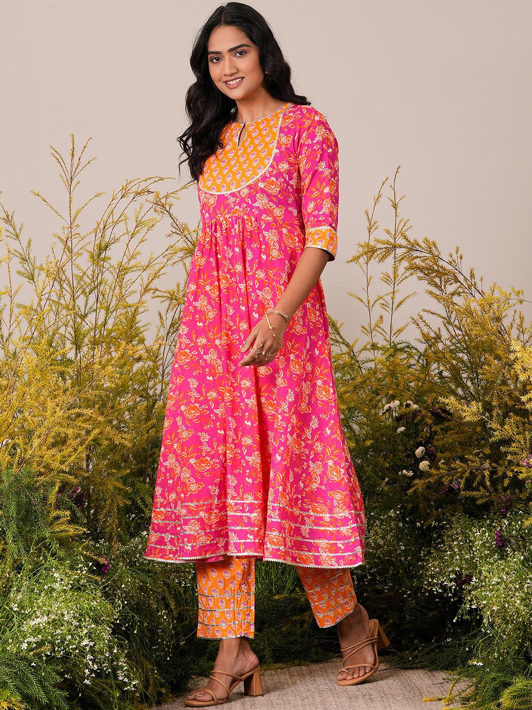 Pink Yoke Design Cotton Anarkali Suit With Dupatta - Libas 