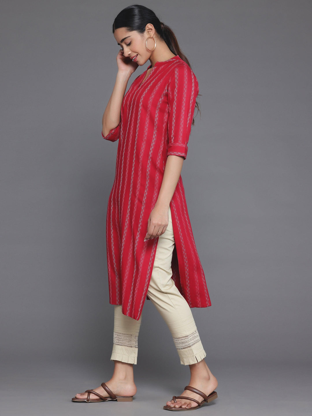 Red Striped Rayon Straight Kurta - Libas