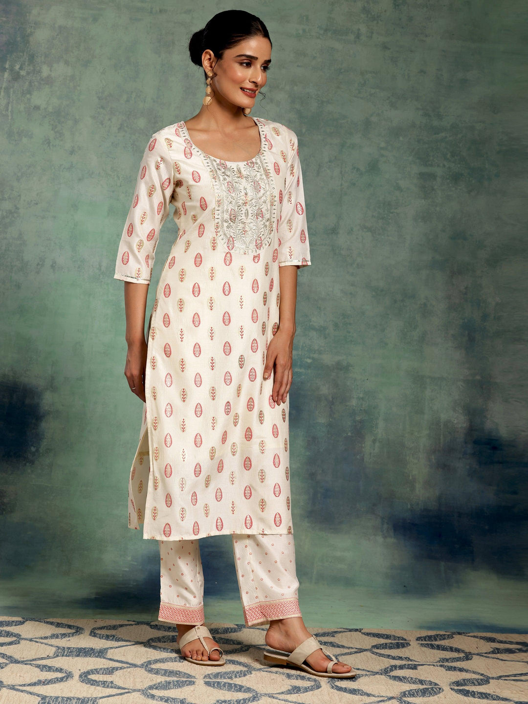 Off White Printed Silk Blend Straight Suit With Dupatta - Libas 