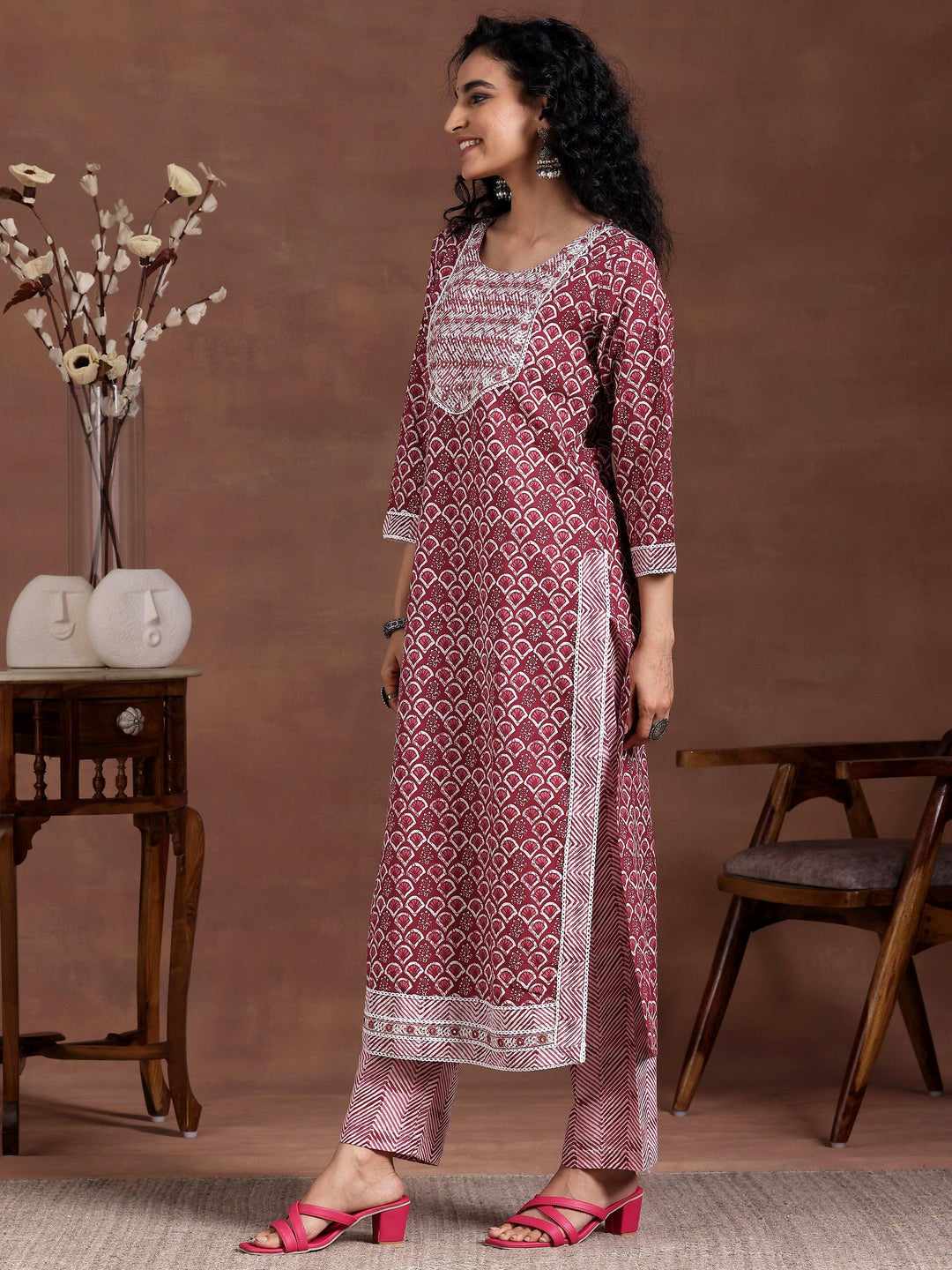 Maroon Printed Cotton Straight Suit With Dupatta - Libas