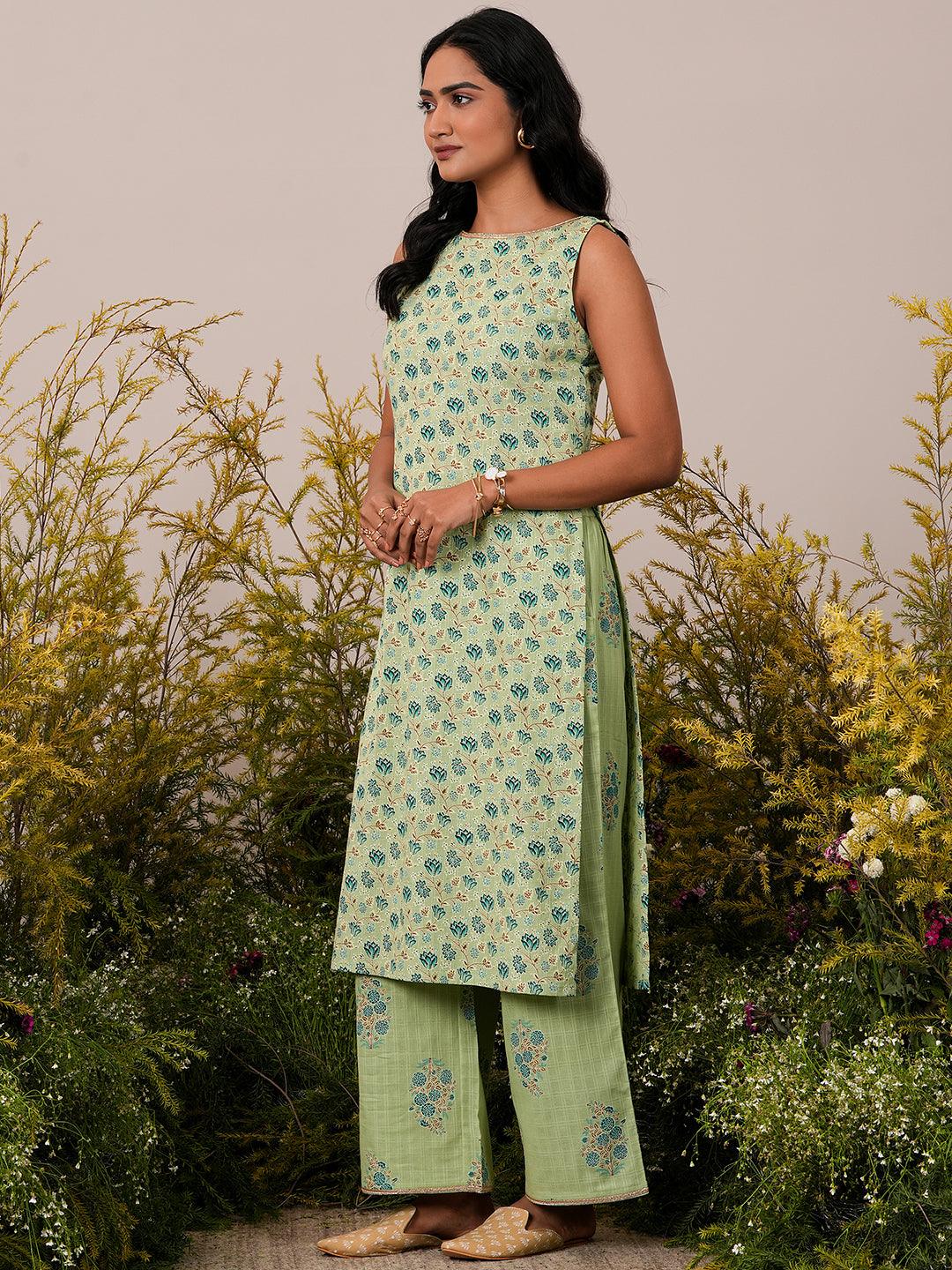 Green Printed Cotton Straight Kurta Set - Libas 