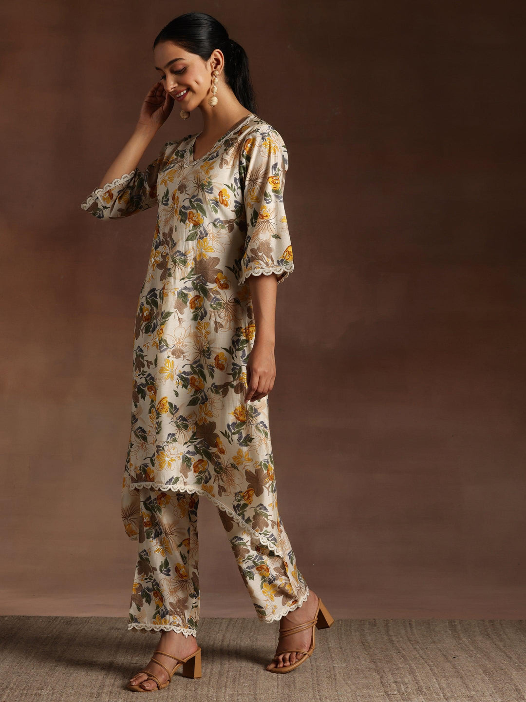 Beige Printed Chanderi Silk A-Line Kurta With Trousers - Libas 