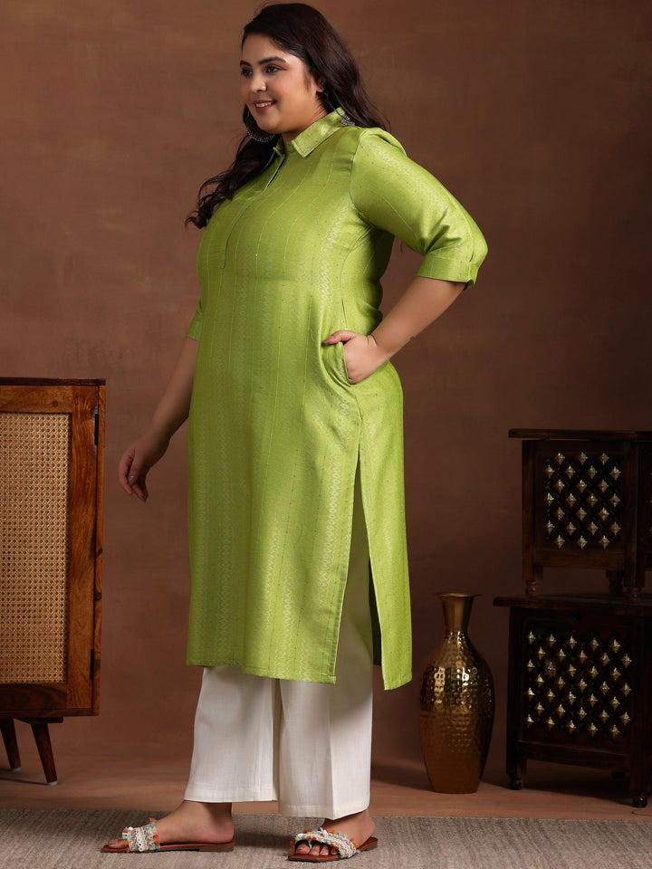 Plus Size Green Woven Design Cotton Straight Kurta - Libas