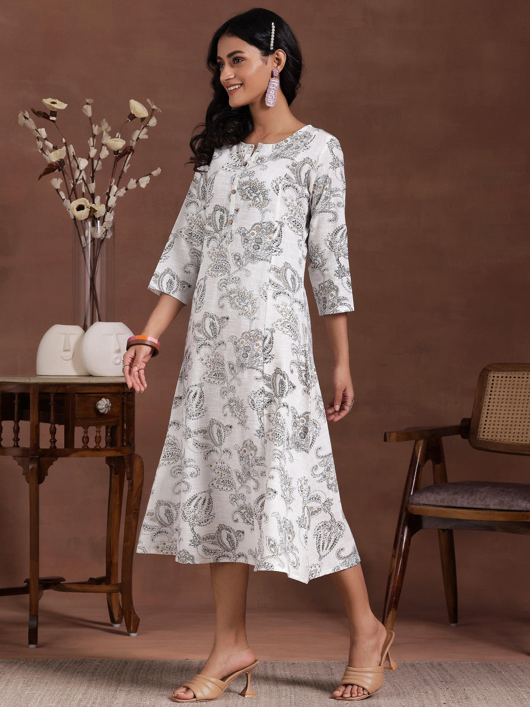 White Printed Cotton A-Line Dress - Libas