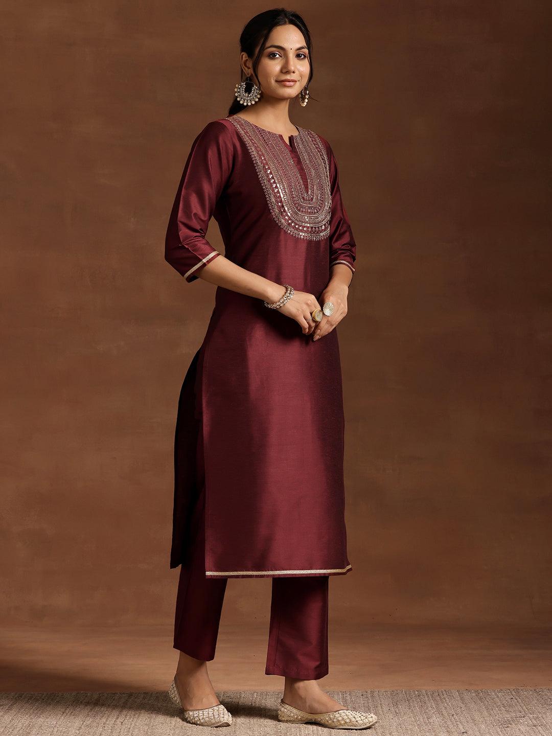 Maroon Yoke Design Silk Blend Straight Kurta Set - Libas 