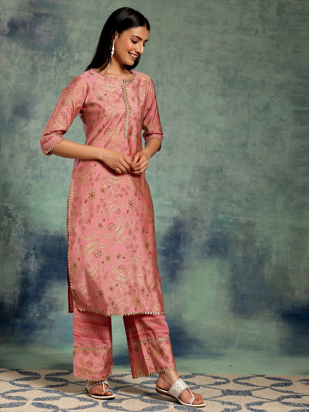 Pink Printed Silk Blend Straight Suit With Dupatta - Libas 