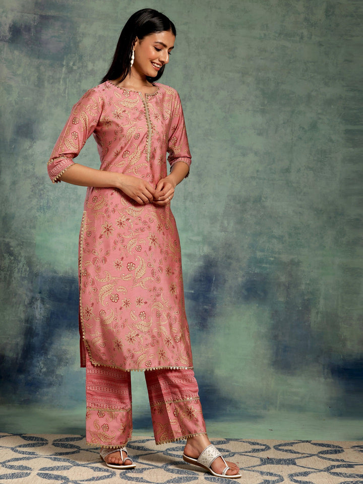 Pink Printed Silk Blend Straight Suit With Dupatta - Libas