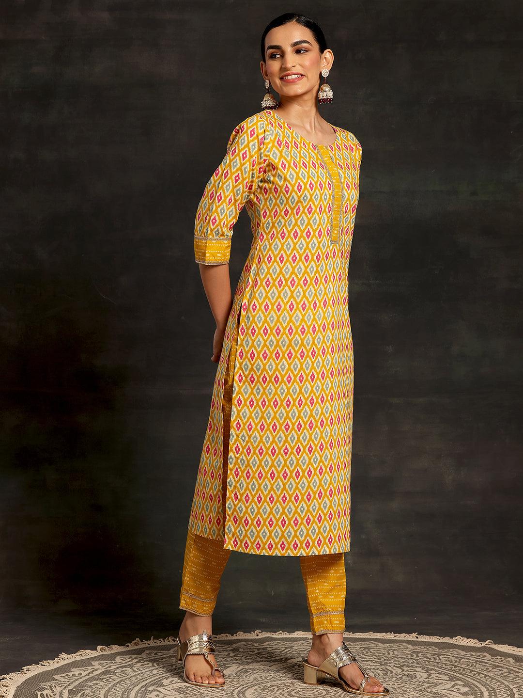 Mustard Printed Cotton Straight Suit With Dupatta - Libas