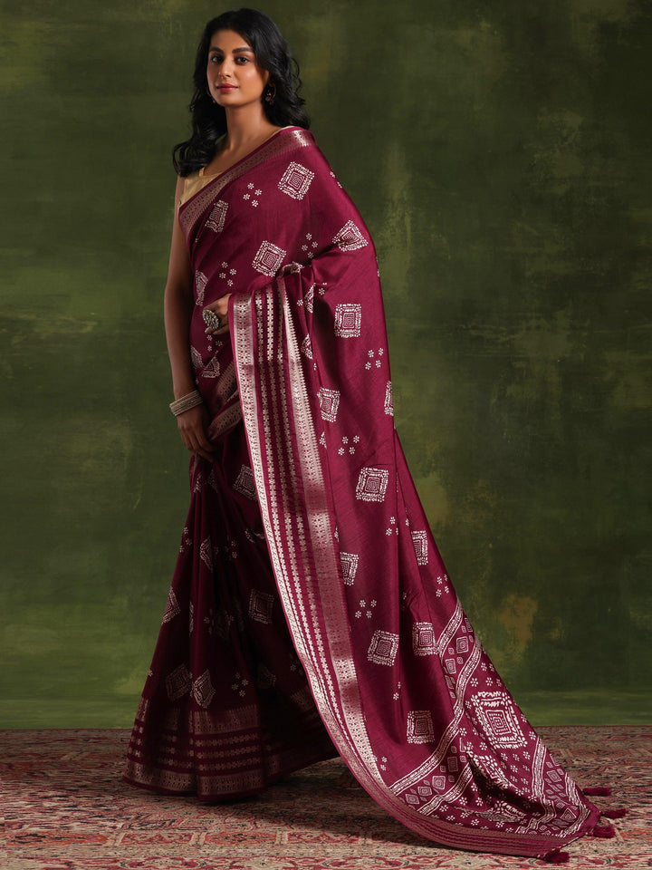 Wine Printed Silk Blend Saree With Unstitched Blouse Piece - Libas