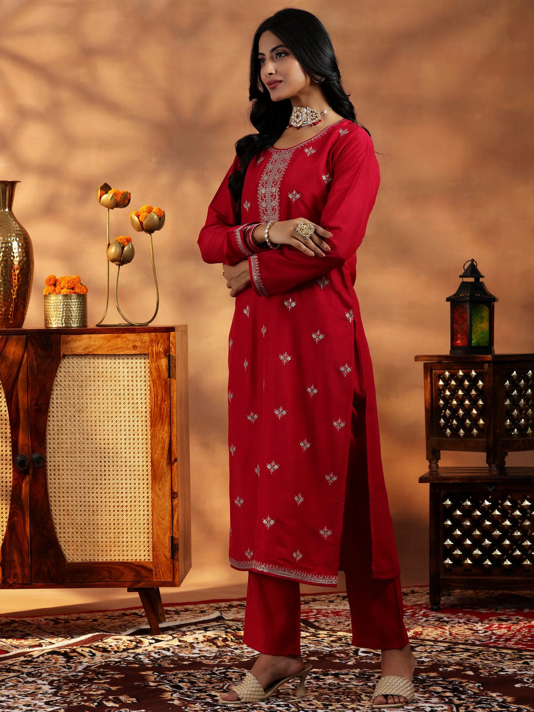  Red Embroidered Silk Blend Straight Suit With Dupatta 