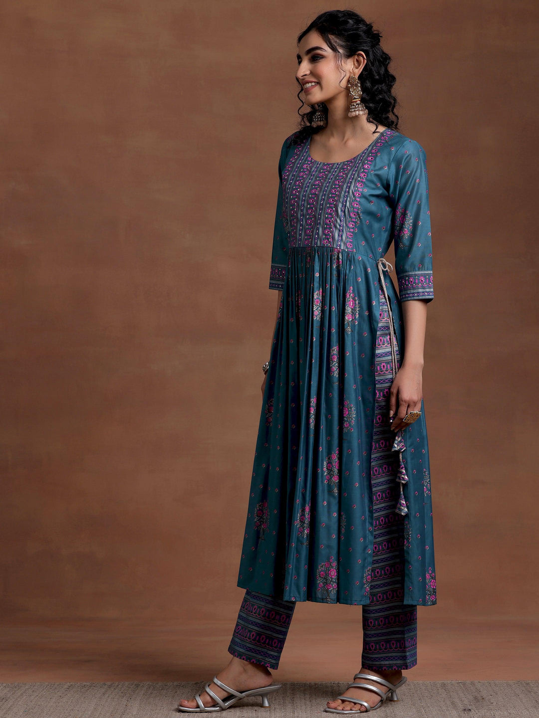 Blue Printed Silk Blend A-Line Kurta With Palazzos & Dupatta - Libas