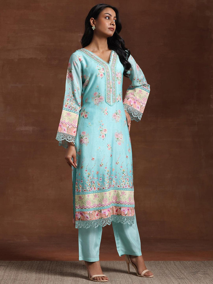 Turquoise Printed Silk Blend Straight Suit With Dupatta - Libas