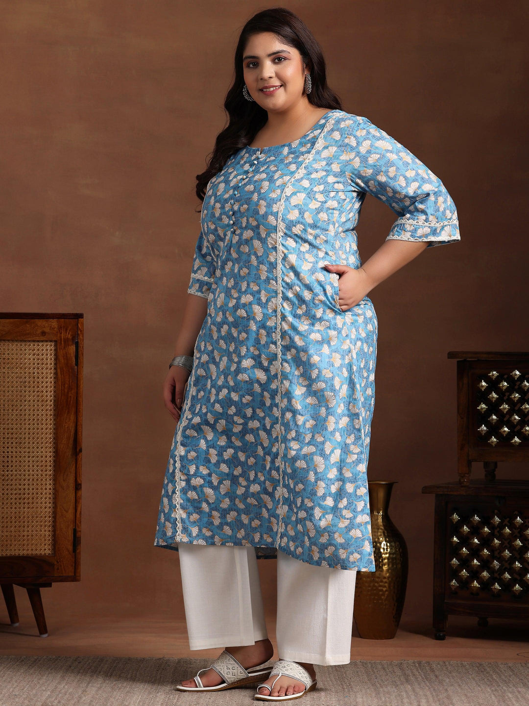 Plus Size Blue Printed Cotton A-Line Kurta - Libas