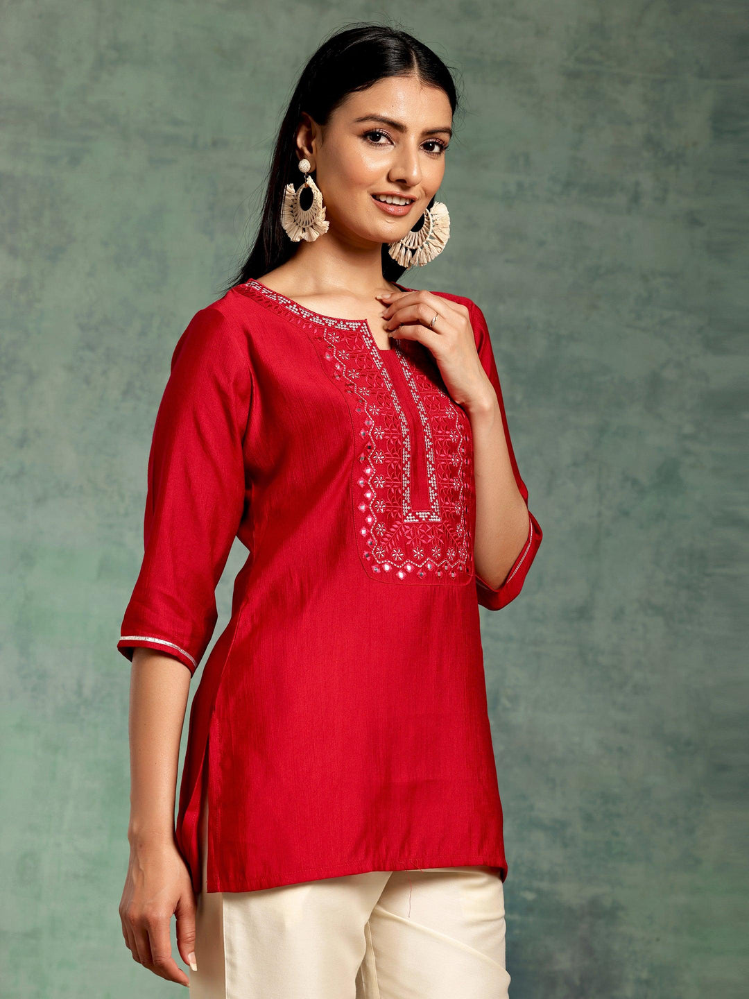 Hot Pink Yoke Design Silk Blend Straight Kurti - Libas 