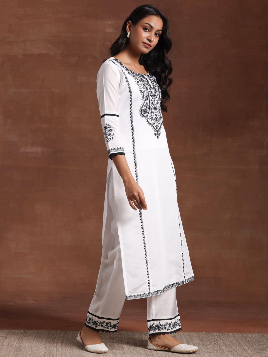 White Embroidered Silk Blend Straight Suit With Dupatta - Libas 