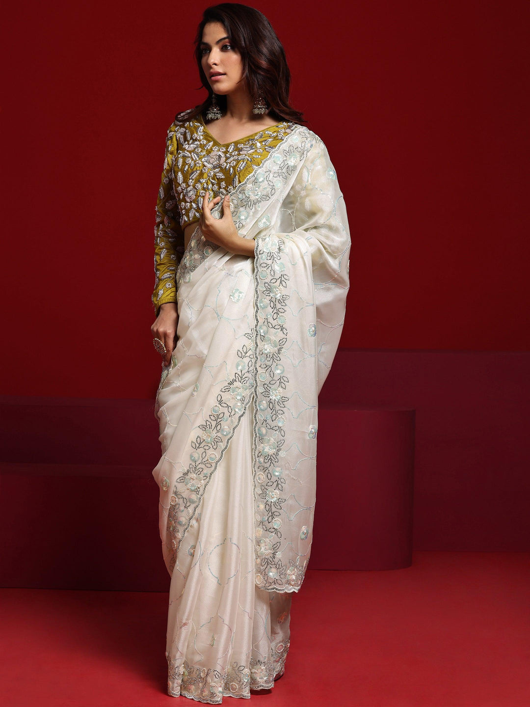 Libas Art Off White Embellished Tissue Saree With Unstitched Blouse Piece - Libas