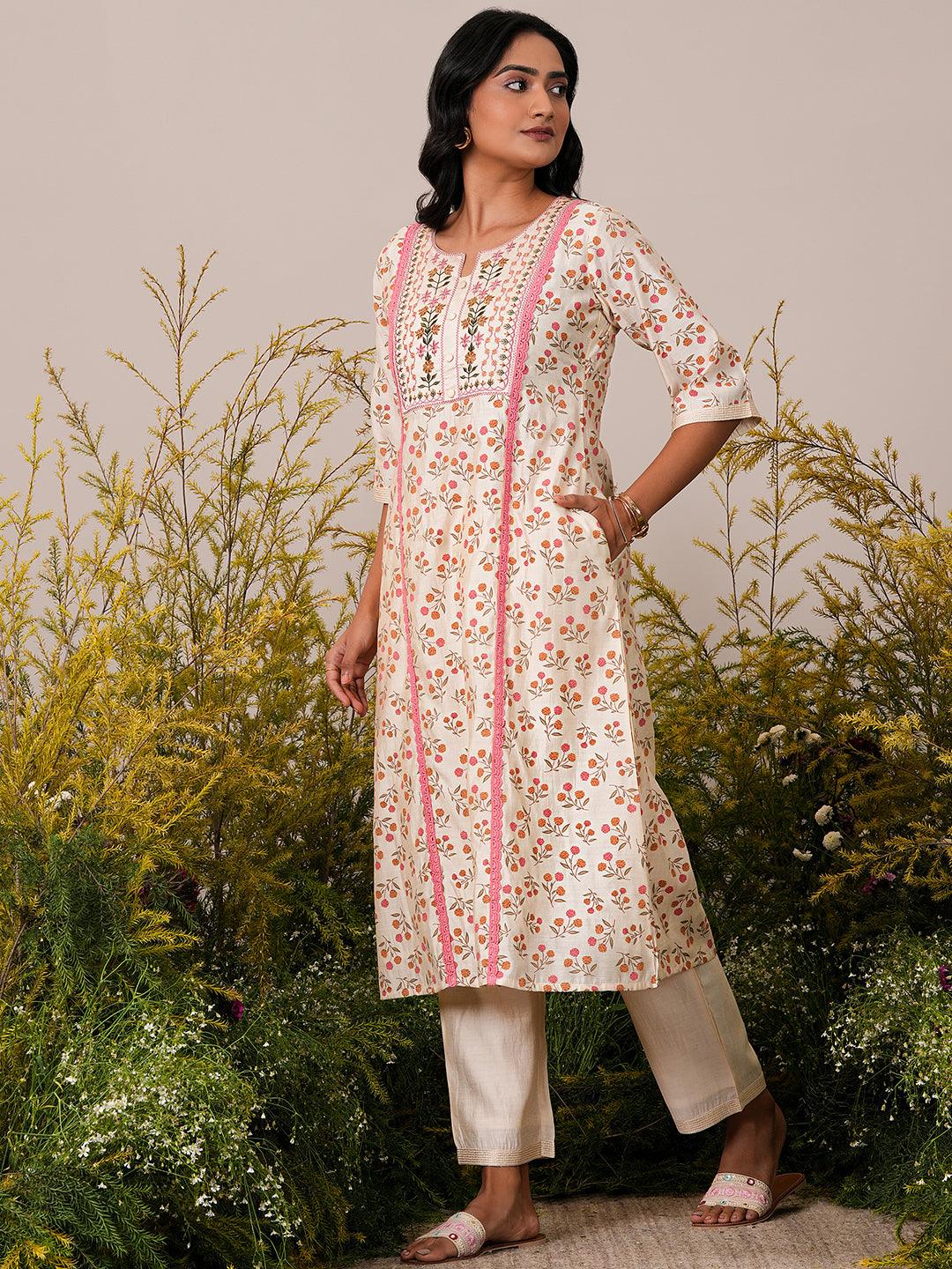 Beige Printed Chanderi Silk A-Line Kurta With Palazzos - Libas 