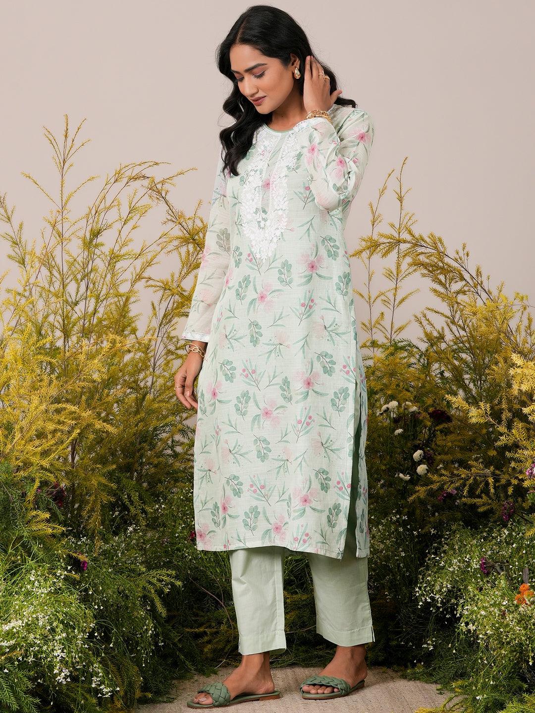 Green Printed Linen Straight Suit With Dupatta - Libas 