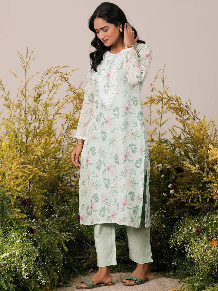 Green Printed Linen Straight Suit With Dupatta - Libas