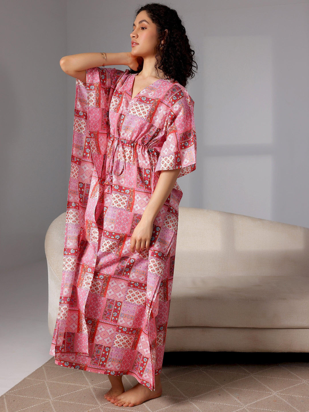 Pink Printed Cotton Kaftan Night Dress - Libas 