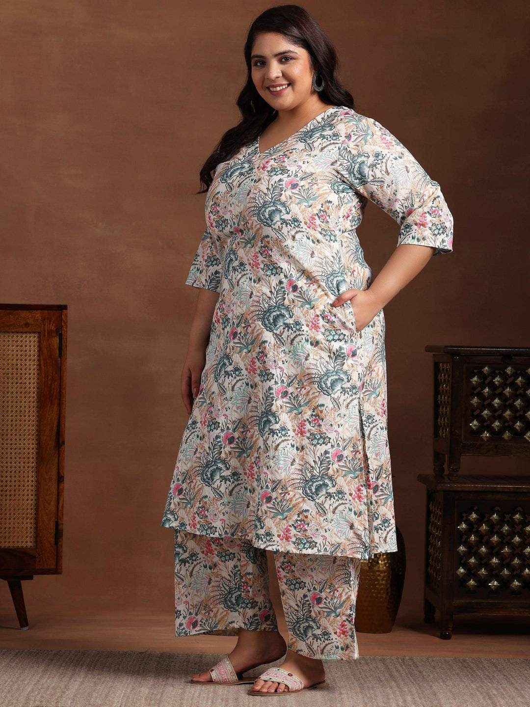 Plus Size Cream Printed Cotton Co-Ords - Libas