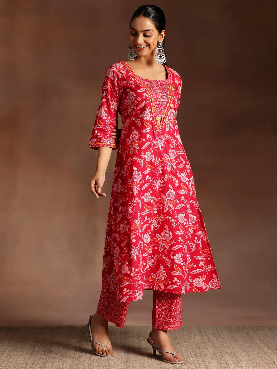 Naghma Pink Printed Cotton A-Line Kurta With Palazzos - Libas 