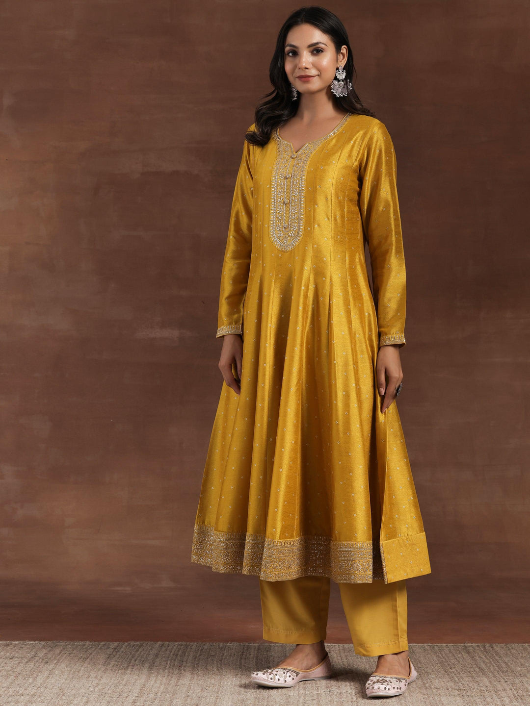 Mustard Embroidered Silk Blend A-Line Kurta With Palazzos & Dupatta - Libas 