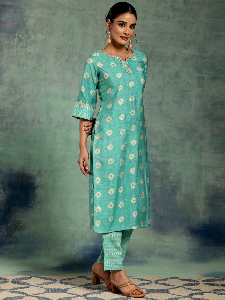 Green Printed Silk Blend Straight Kurta Set - Libas