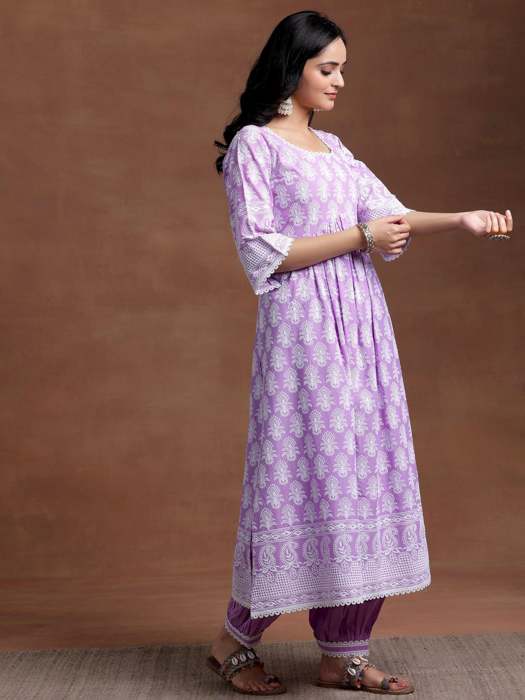 Purple Embroidered Cotton A-Line Kurta With Salwar & Dupatta - Libas 