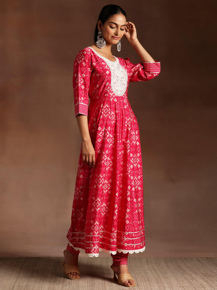 Pink Printed Silk Blend Anarkali Suit With Dupatta - Libas