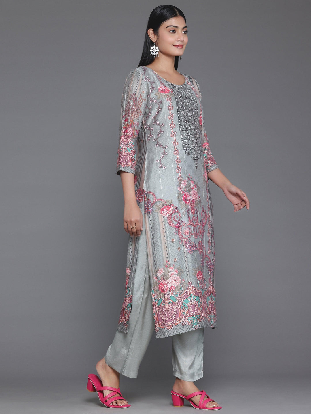 Grey Printed Silk Blend Straight Suit With Dupatta - Libas