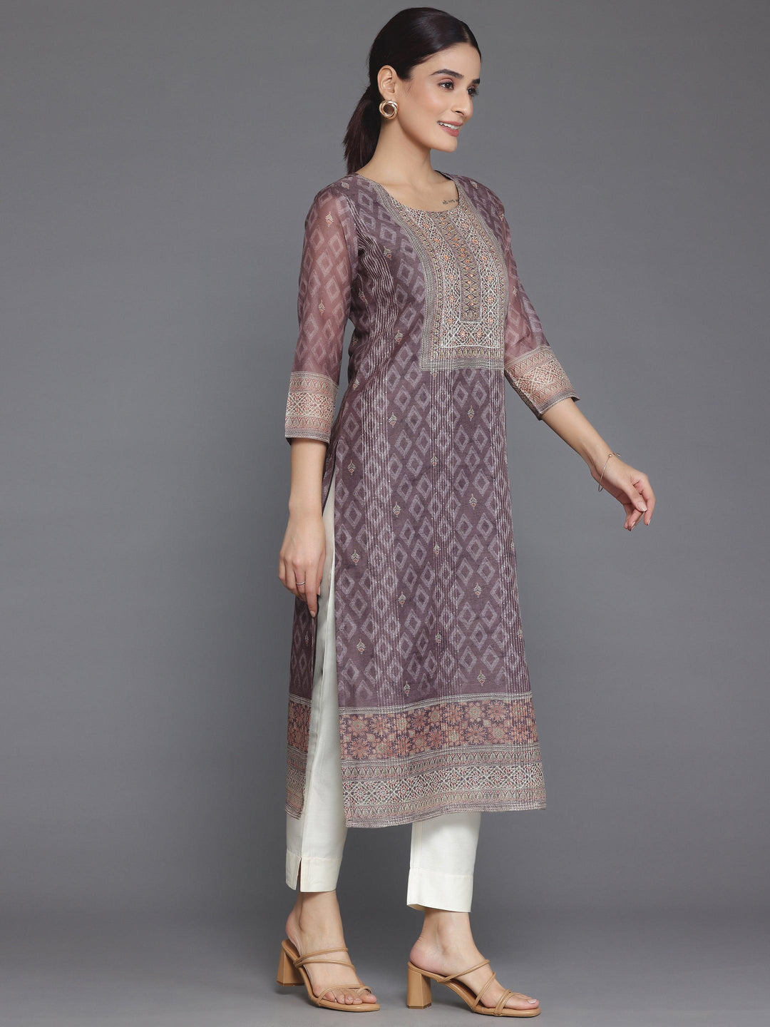 Brown Embellished Chanderi Silk Straight Kurta - Libas 