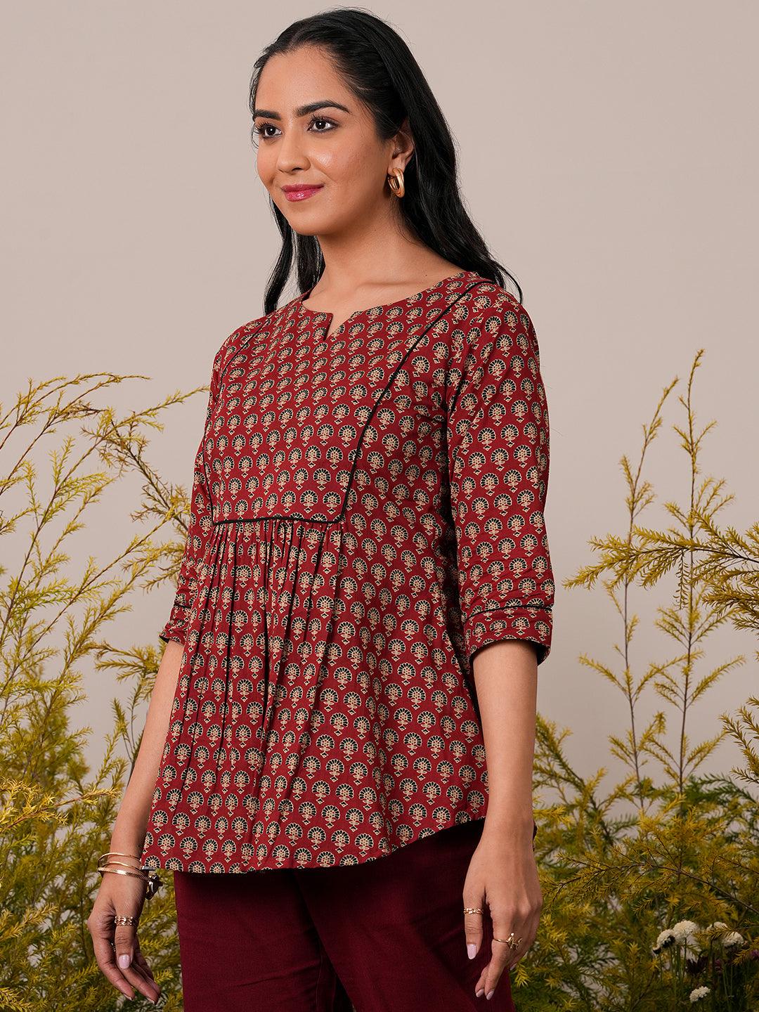 Maroon Printed Cotton A-Line Kurti - Libas